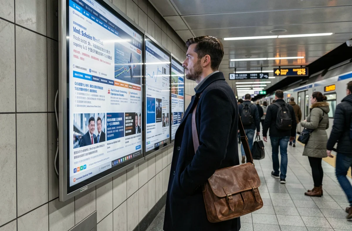 Homme consultant un panneau d'actualités numérique dans une station de métro animée, symbolisant les tendances urbaines de la semaine