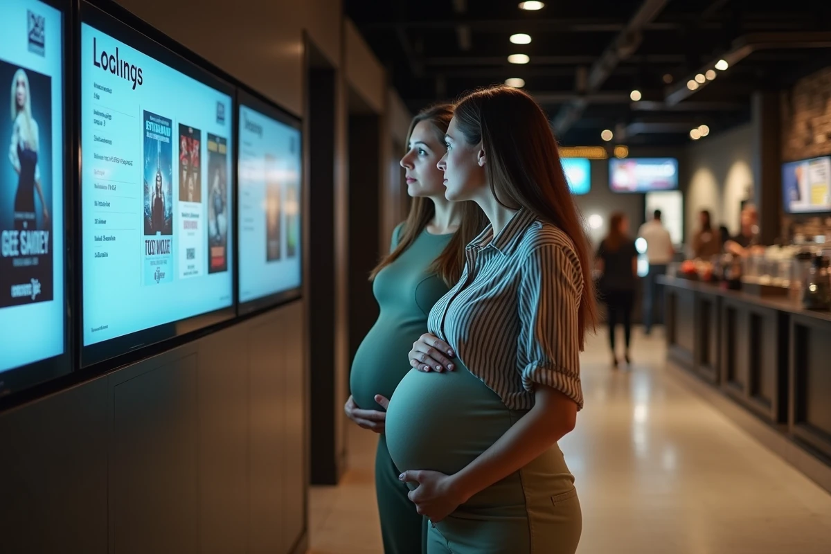 Deux amies dont une femme enceinte choisissant un film dans le hall d'un cinéma moderne