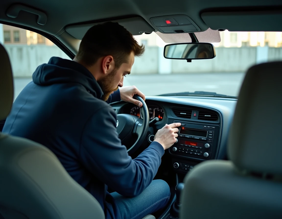 Homme appuyant sur les touches d'un autoradio Renault bloqué sur code dans l'habitacle d'une voiture garée