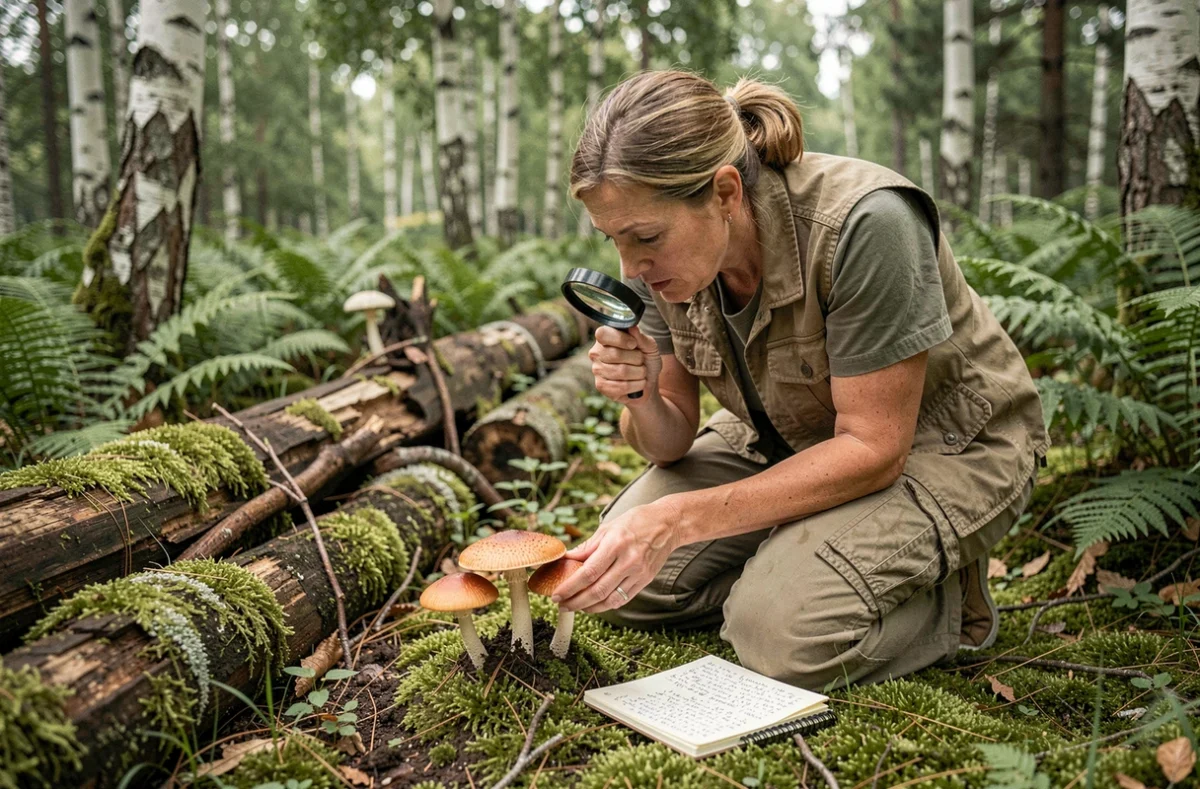 Biologiste de terrain observant des champignons en forêt pour étudier les mécanismes de reproduction sexuée des organismes vivants