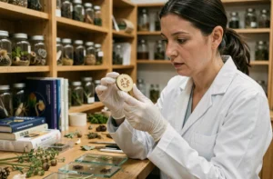 Botaniste en blouse blanche examinant une coupe de fleur en laboratoire pour illustrer la reproduction sexuée des plantes