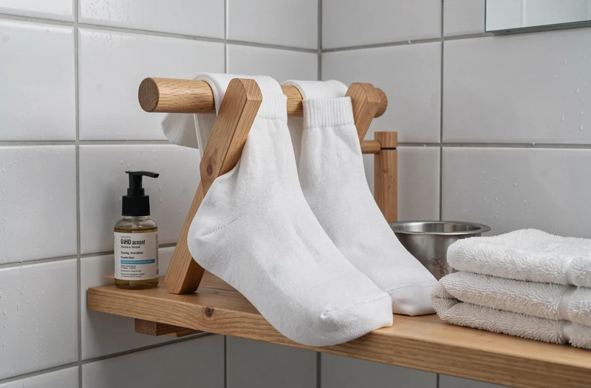 Chaussettes en coton tendues sur des écarteurs en bois en bois dans une salle de bain