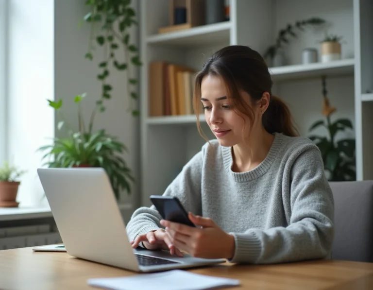 Femme comparant des applications de banque en ligne sur ordinateur portable et smartphone dans un bureau à domicile