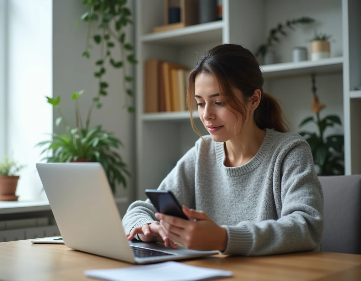 Femme comparant des applications de banque en ligne sur ordinateur portable et smartphone dans un bureau à domicile