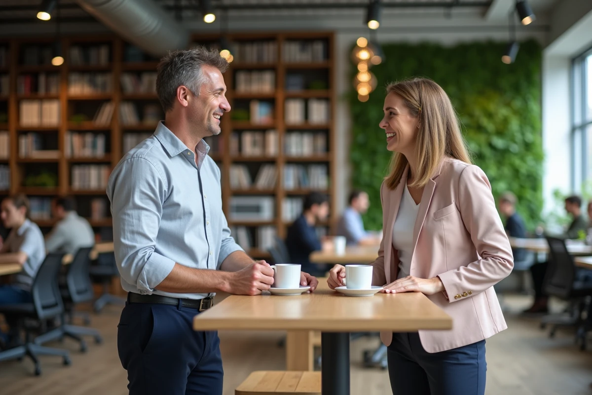 Deux collègues discutant positivement dans un espace de coworking moderne, illustrant la convivialité et la qualité de vie au travail