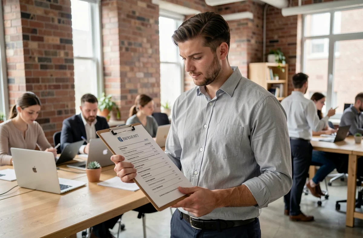 Jeune professionnel comparant des agences d'emploi dans un espace de coworking moderne
