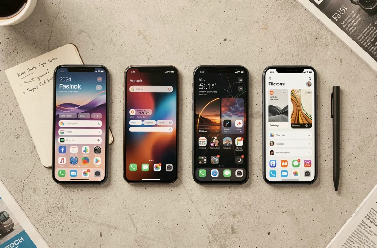 Vue en plongée de quatre smartphones 2024 comparés côte à côte avec un carnet de notes sur une surface en béton