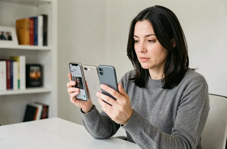 Femme comparant trois smartphones modernes dans un bureau minimaliste pour choisir le meilleur en 2024