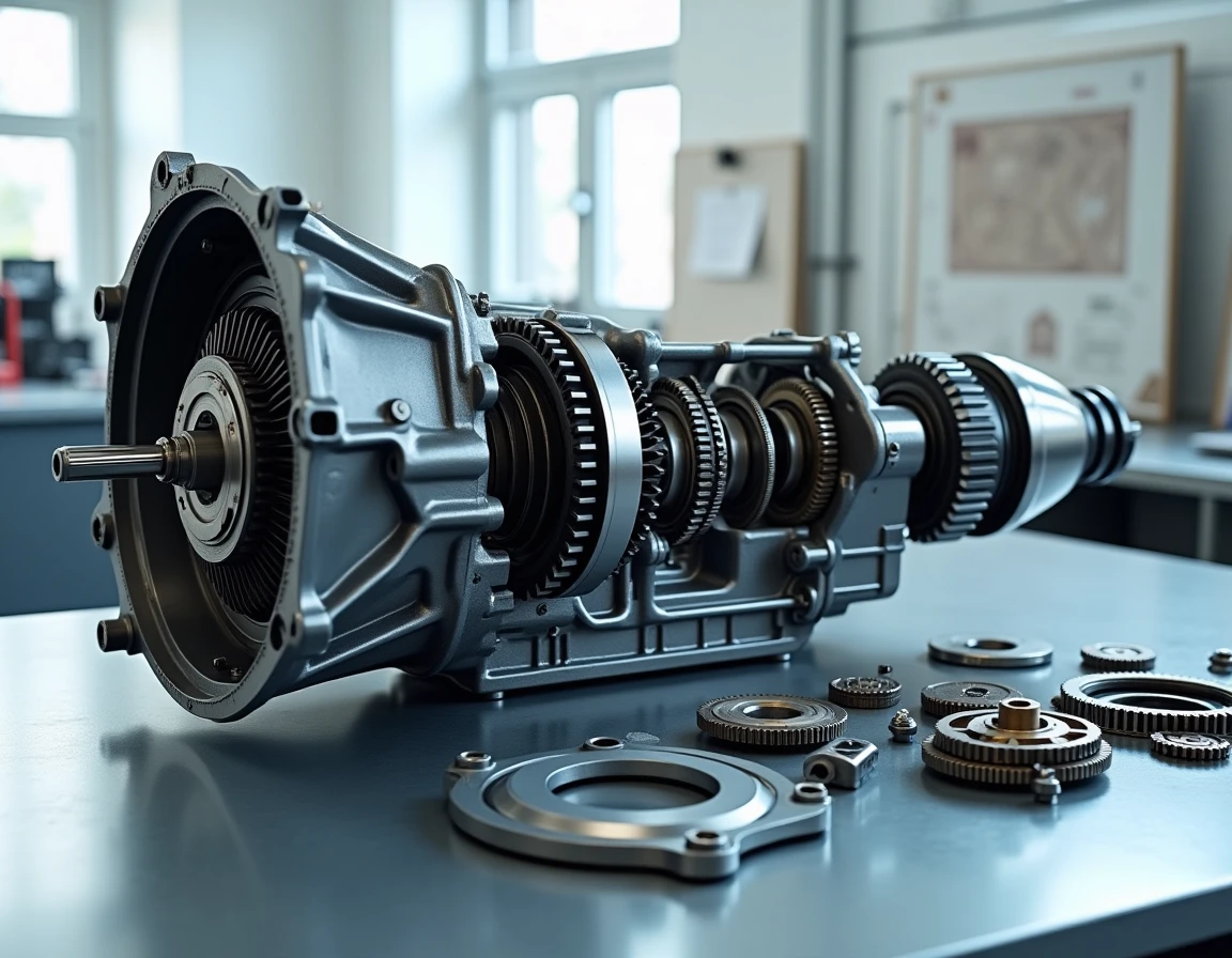 Composants internes d'une boîte de vitesse semi-automatique démontée sur un établi d'atelier d'ingénierie automobile