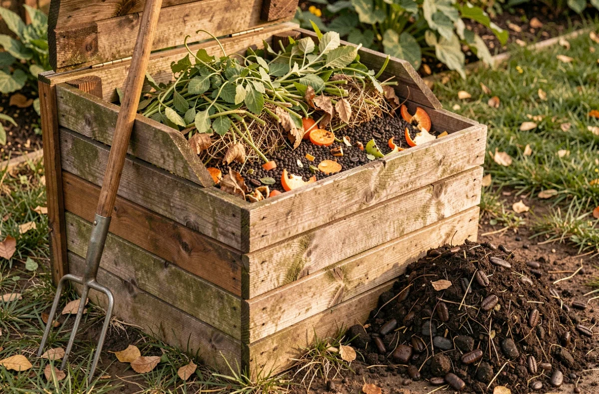 Bac à compost en bois rempli de déchets verts et de matières organiques pour nourrir le sol du jardin