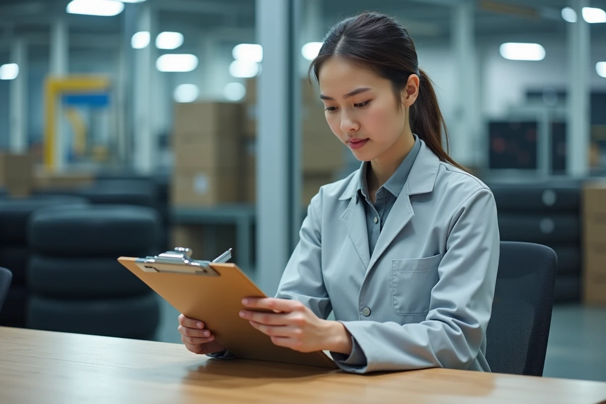 Technicienne vérifiant des échantillons de pneus en salle de réunion