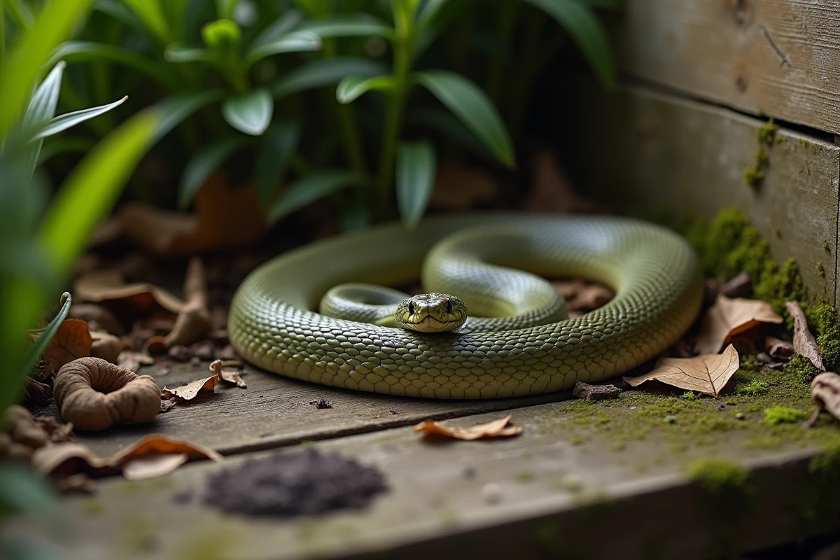 Couleuvre enroulée près d'un tas de compost en bois dans un jardin avec une fiente visible sur la bordure, illustrant son rôle bénéfique pour le jardin