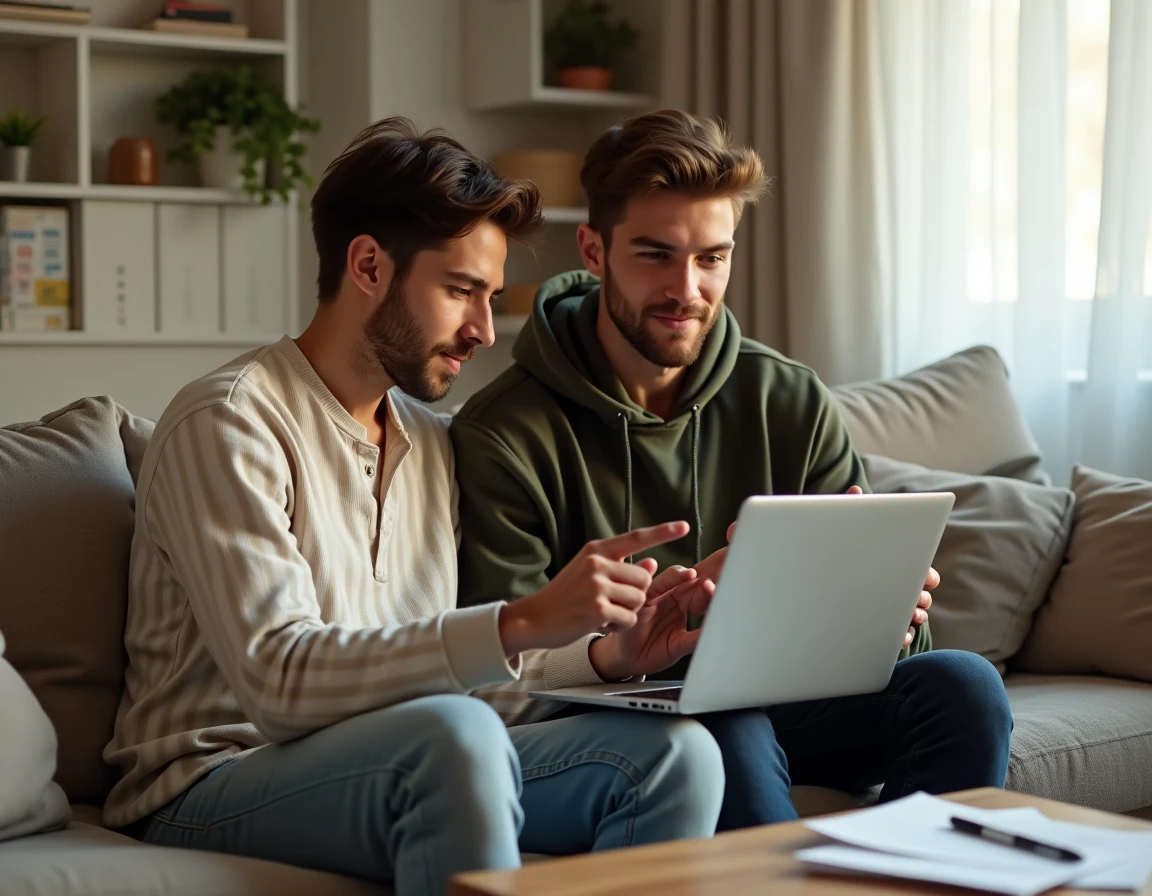 Couple comparant des offres de banques en ligne ensemble sur un canapé dans un salon moderne