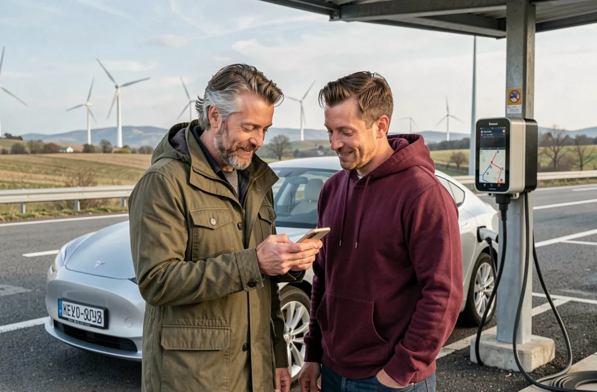 Couple planifiant leur itinéraire en voiture électrique avec des bornes de recharge sur smartphone lors d'un arrêt sur autoroute