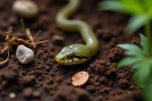 Gros plan macro sur une crotte de couleuvre posée sur la terre sombre d'un jardin potager entouré de fragments de feuilles et de racines