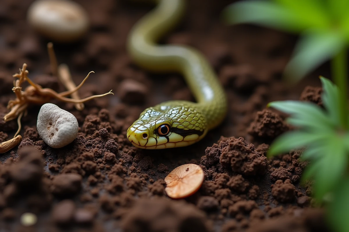 Gros plan macro sur une crotte de couleuvre posée sur la terre sombre d'un jardin potager entouré de fragments de feuilles et de racines