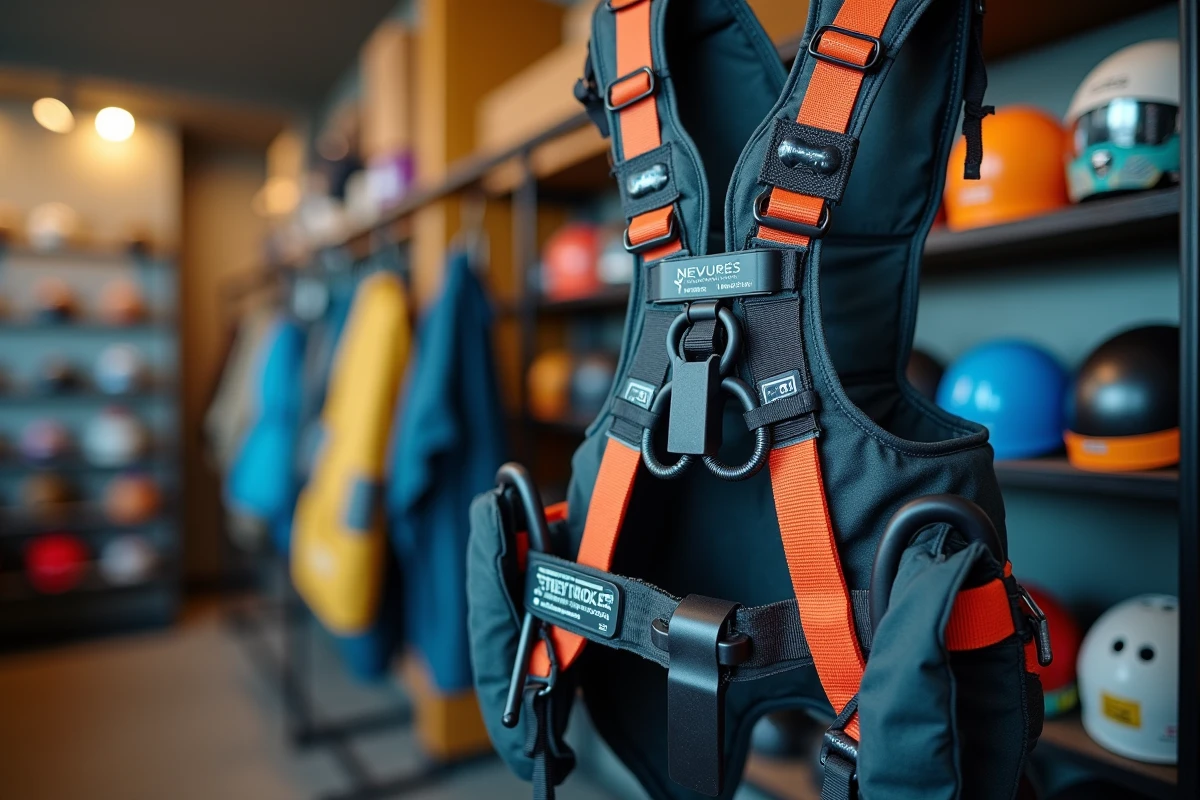 Vue rapprochée d'une sellette de parapente Nervures suspendue en magasin, détaillant les boucles de sécurité, la protection dorsale et les sangles de réglage