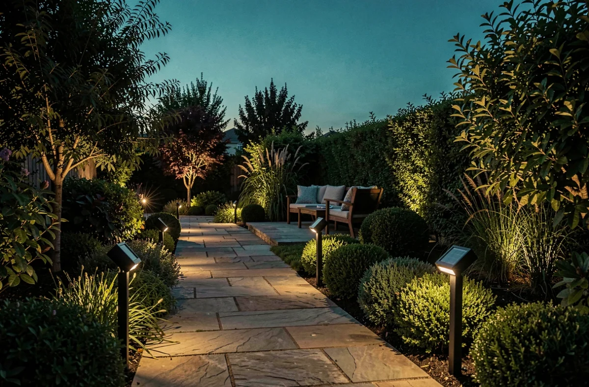 Jardin résidentiel au crépuscule avec éclairage basse consommation LED le long d'une allée en pierre