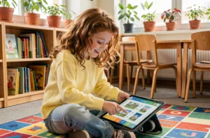 Jeune fille souriante utilisant une tablette éducative sur un tapis coloré dans un espace d'apprentissage ludique