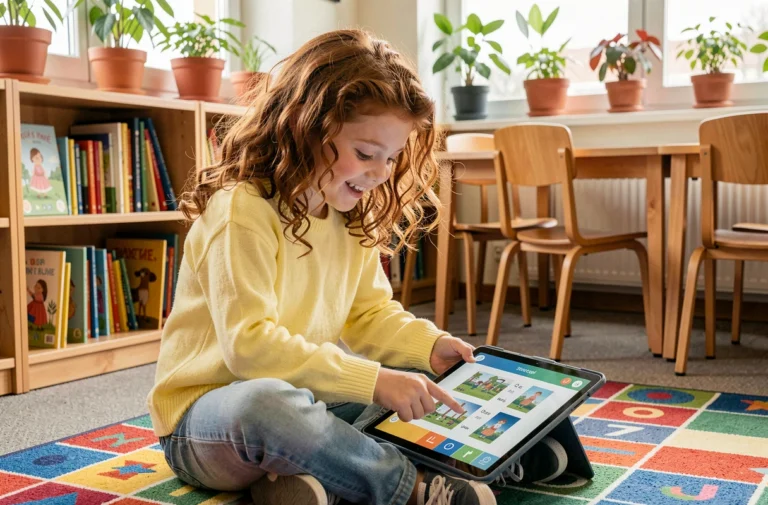 Jeune fille souriante utilisant une tablette éducative sur un tapis coloré dans un espace d'apprentissage ludique