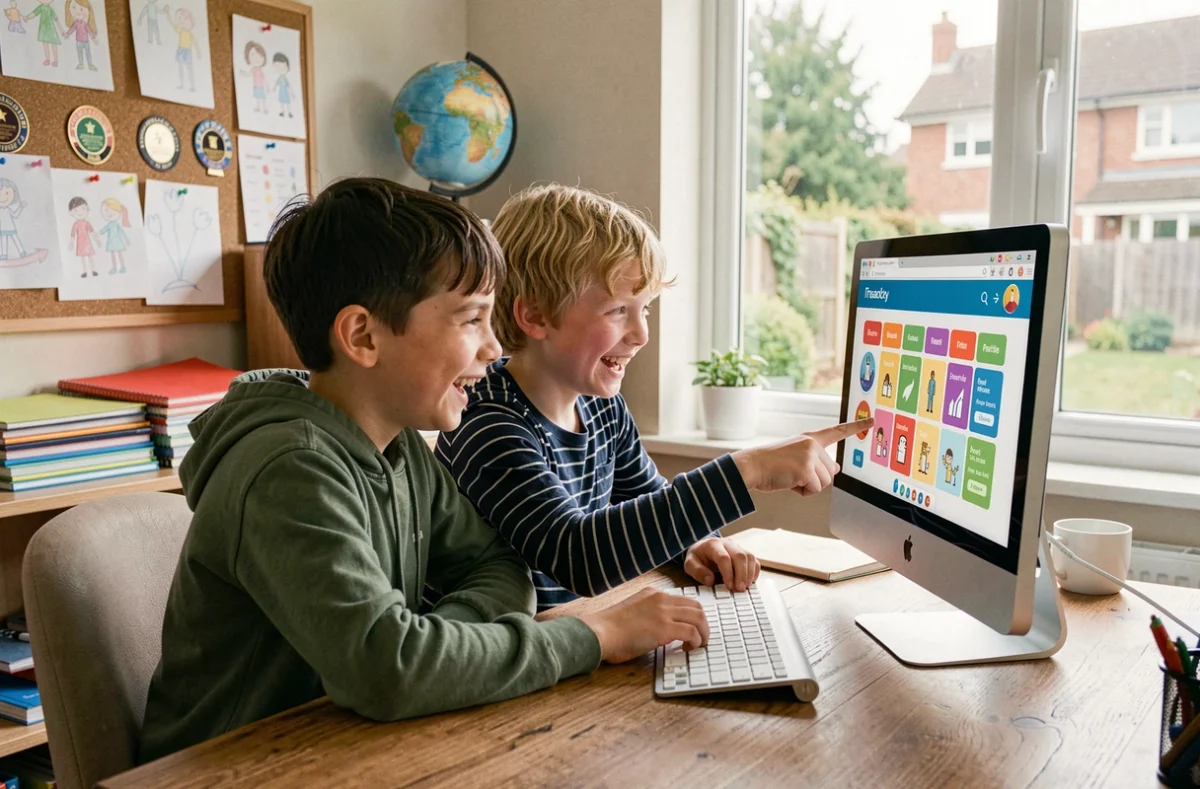 Deux garçons collaborant devant un ordinateur affichant une plateforme éducative interactive dans une salle d'étude à domicile