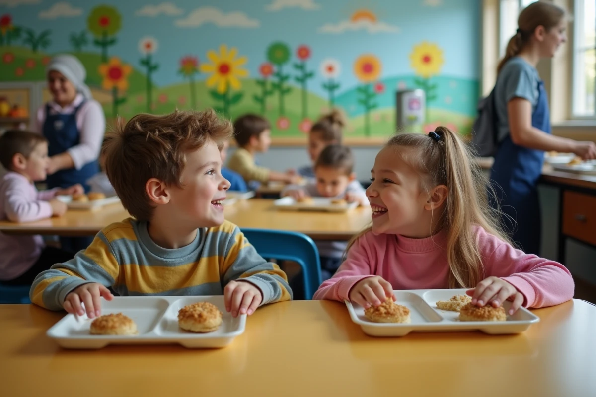 Enfants déjeunant à la cantine scolaire de Meudon après inscription via le portail famille municipal en ligne