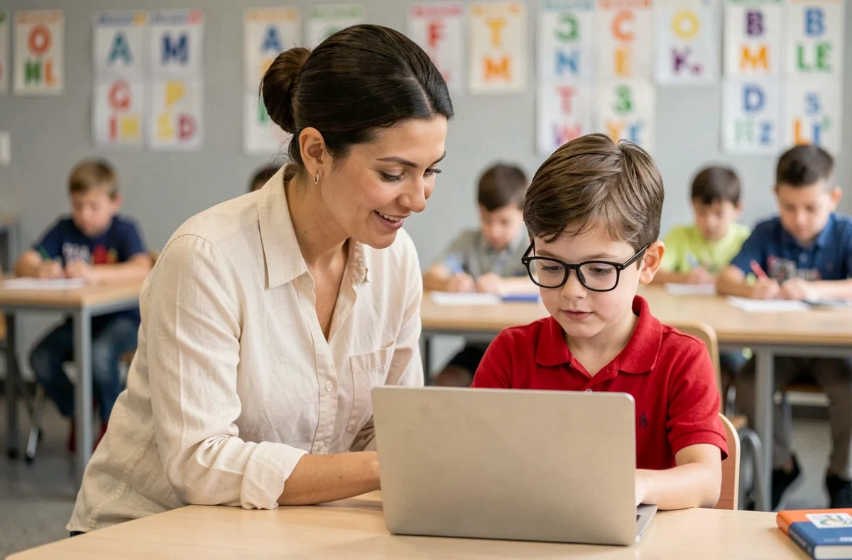 Enseignante accompagnant un jeune élève sur une application pédagogique numérique dans une salle de classe moderne