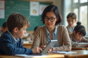Professeure aidant deux lycéens sur tablettes en classe