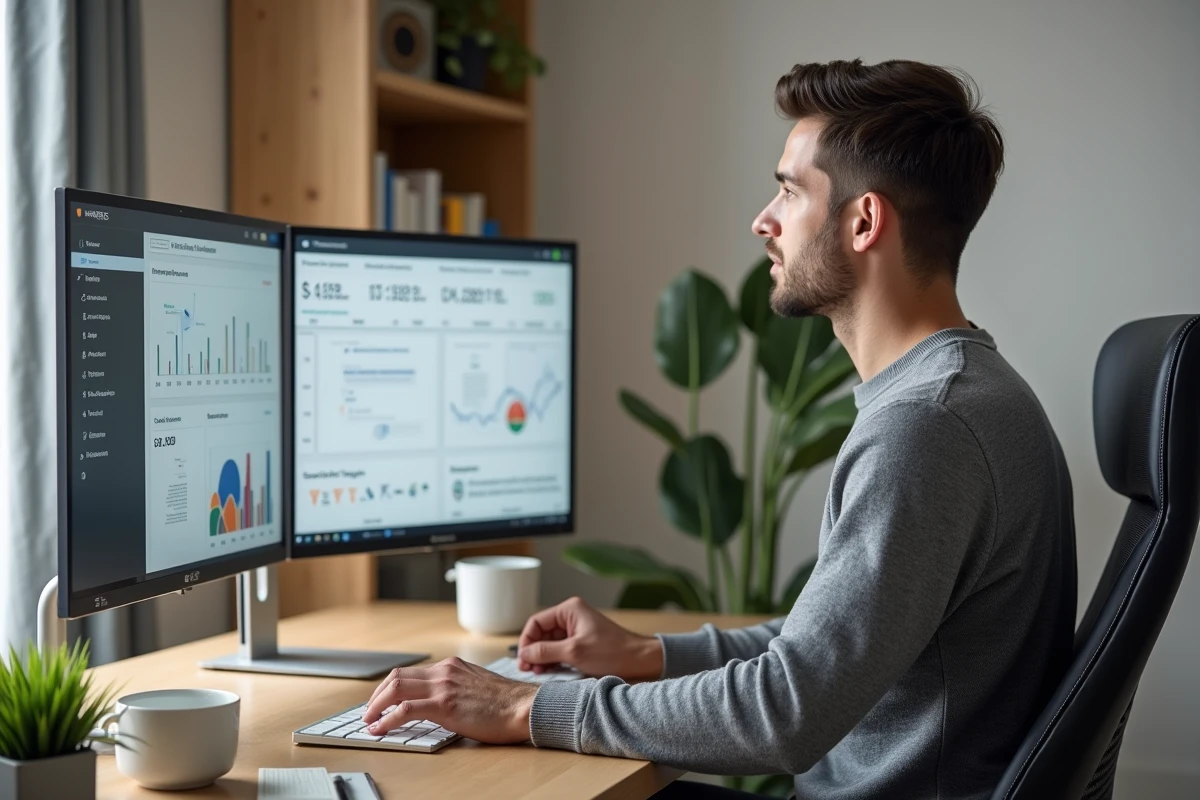 Entrepreneur en télétravail utilisant une plateforme web innovante pour optimiser la gestion de son entreprise
