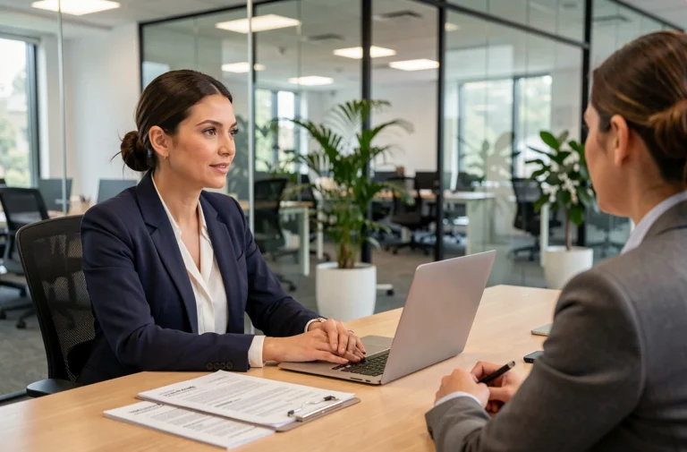 Femme professionnelle en entretien avec un conseiller d'une agence d'emploi dans un bureau moderne
