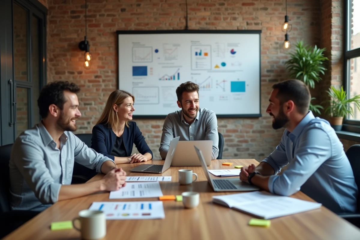 Équipe de professionnels collaborant autour d'une table de réunion sur des stratégies d'optimisation business innovantes