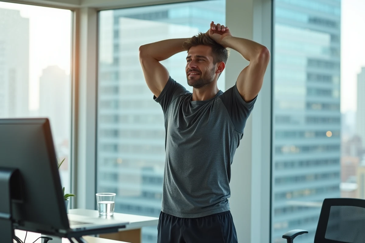 Professionnel effectuant des étirements à son bureau ergonomique réglable en hauteur, favorisant la santé physique et le bien-être au bureau