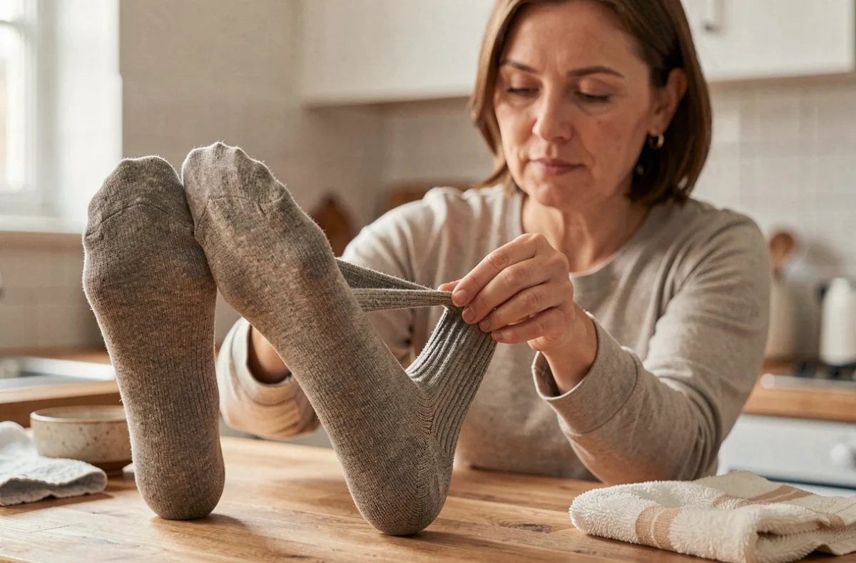 Femme étirant manuellement une chaussette en laine trop serrée au-dessus d'un plan de travail en bois