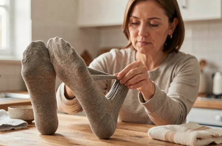 Femme étirant manuellement une chaussette en laine trop serrée au-dessus d'un plan de travail en bois