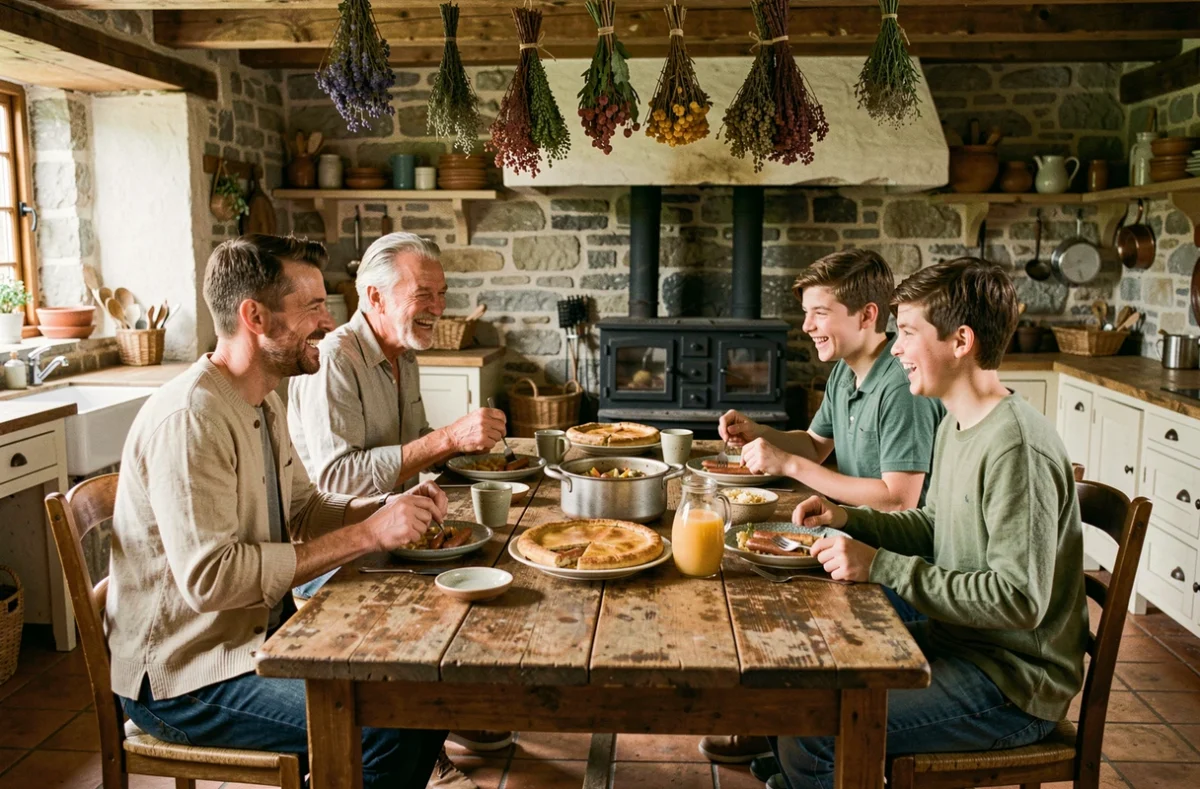 Famille bretonne réunie autour d'un repas traditionnel dans une cuisine en pierre avec galettes et cidre