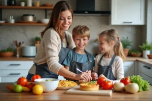 Mère et enfants préparant un dîner familial dans une cuisine moderne