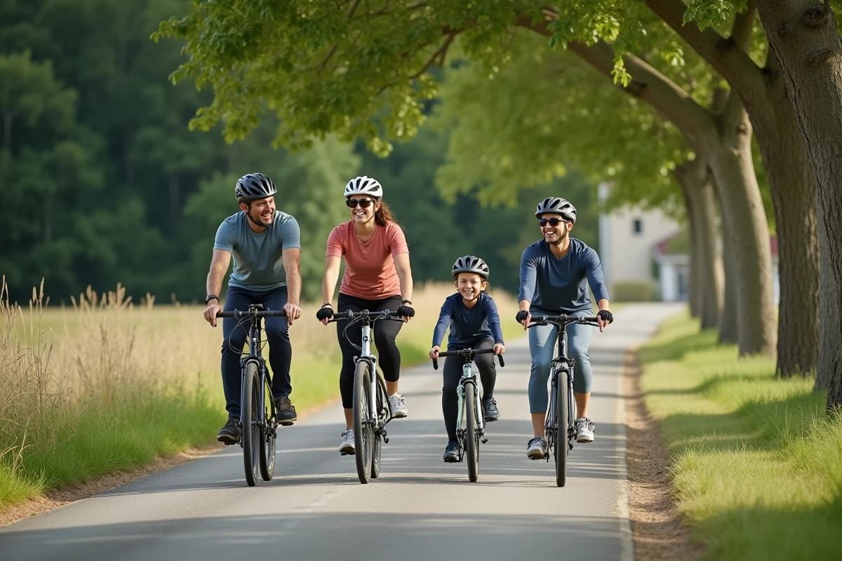 Famille faisant du vélo sur une voie verte en pleine campagne du Pays de Retz