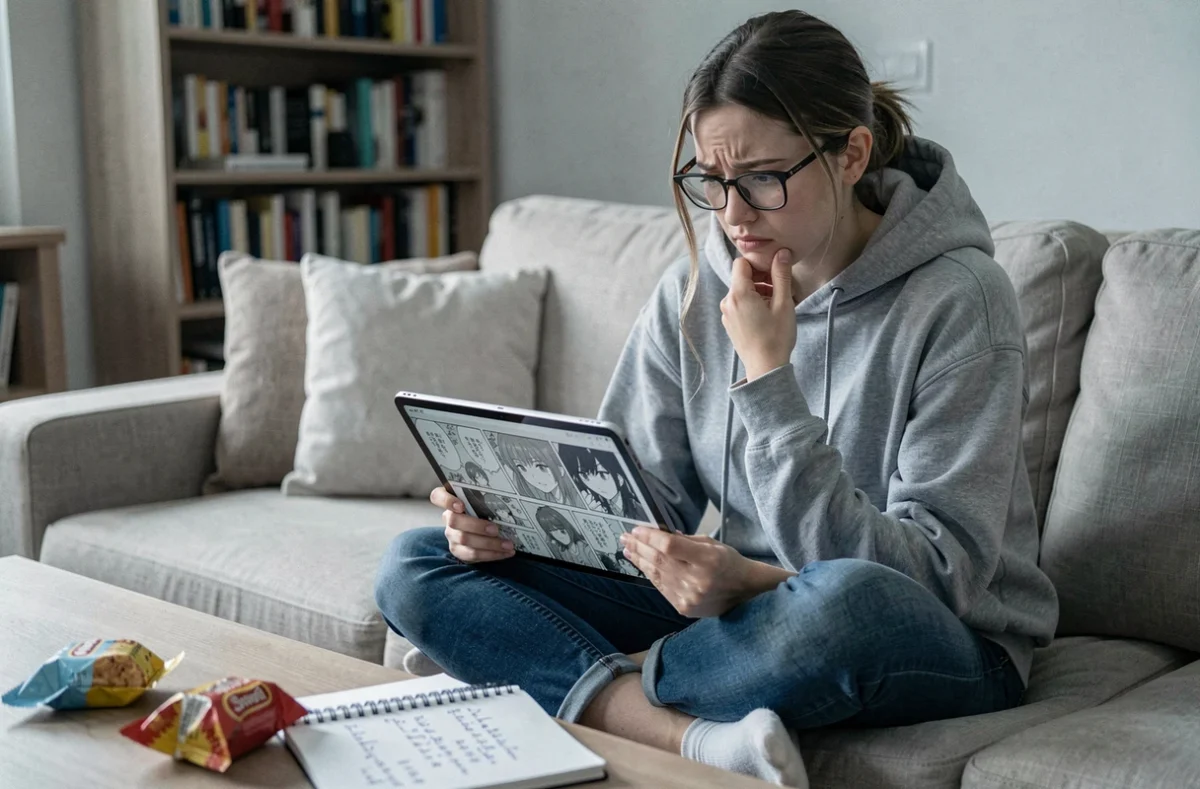 Jeune femme fan de One Piece analysant le chapitre 1141 avec une expression pensive sur sa tablette