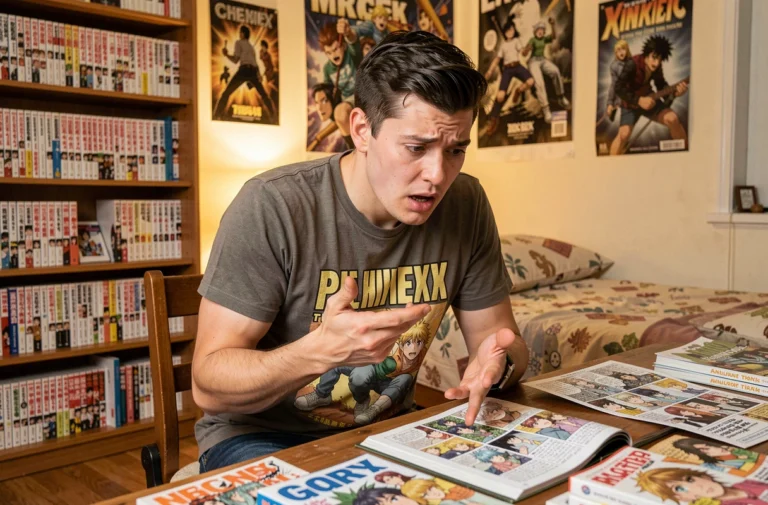 Fan de One Piece réagissant avec passion au chapitre 1141 entouré de mangas et théories sur son bureau