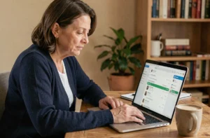 Femme d'âge moyen accédant à son webmail sur un ordinateur portable depuis son bureau à domicile