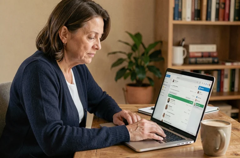 Femme d'âge moyen accédant à son webmail sur un ordinateur portable depuis son bureau à domicile