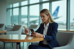 Femme d'affaires en costume dans un lounge aéroport