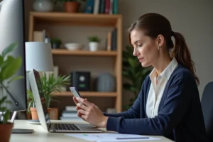Femme en bureau à domicile utilisant ordinateur et smartphone
