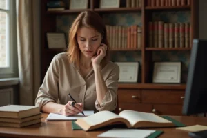 Femme réfléchissant devant ses livres d'université dans un bureau