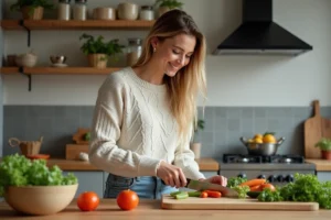 Femme souriante coupe des légumes frais dans une cuisine moderne