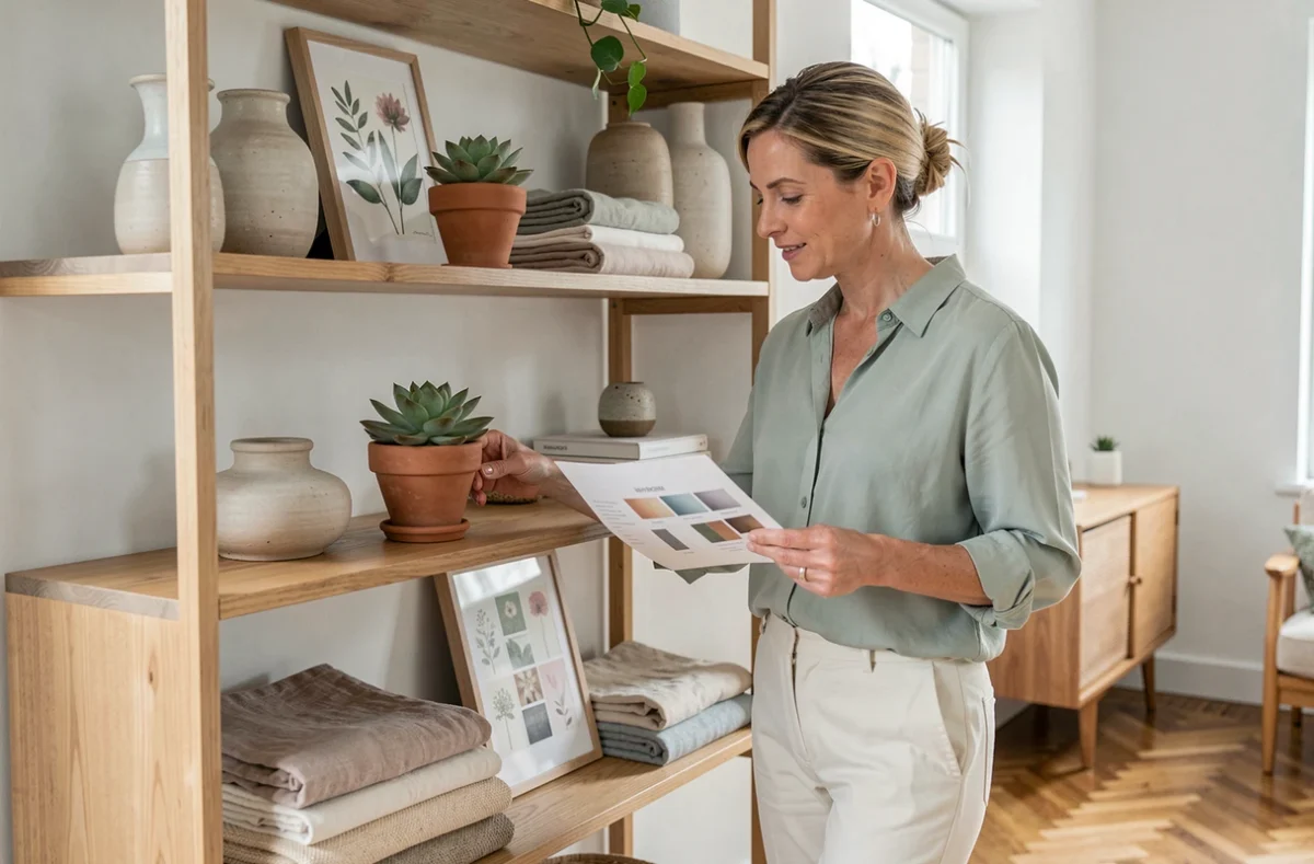 Femme arrangeant une étagère décorée avec céramiques, plantes succulentes et textiles dans un salon contemporain, projet de décoration intérieure maison