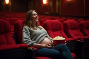 Femme enceinte souriante dans une salle de cinéma avec du popcorn sur les genoux