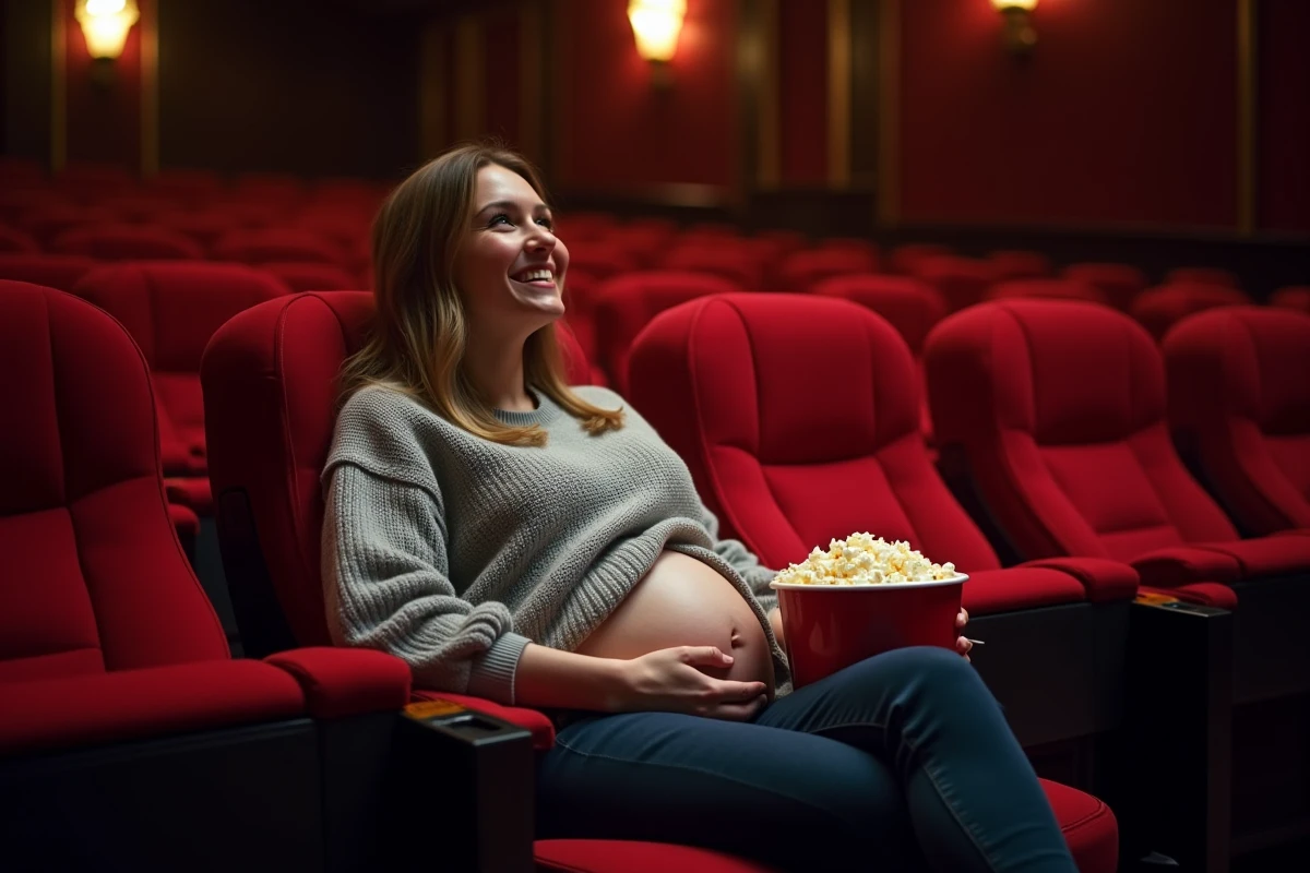 Femme enceinte souriante dans une salle de cinéma avec du popcorn sur les genoux