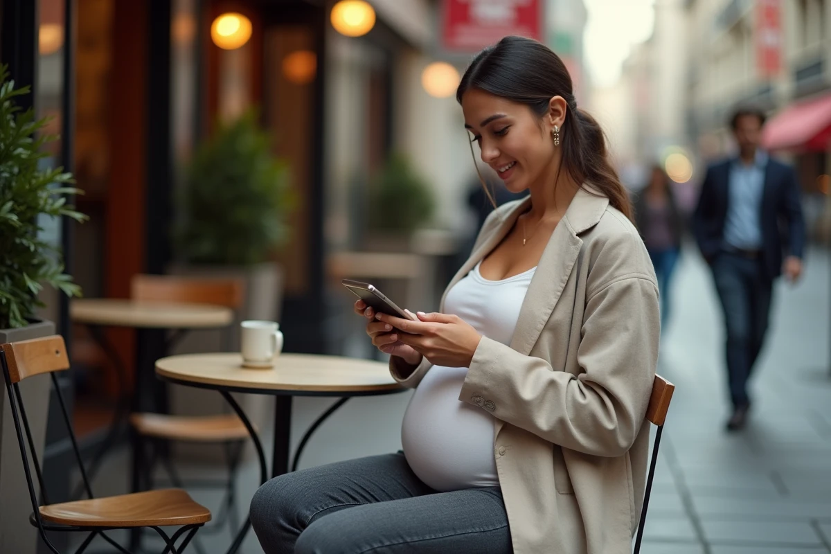 Femme enceinte consultant son téléphone pour choisir un film devant l'entrée d'un cinéma