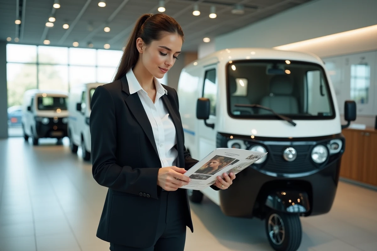 Femme française examinant une brochure près d un tuk tuk